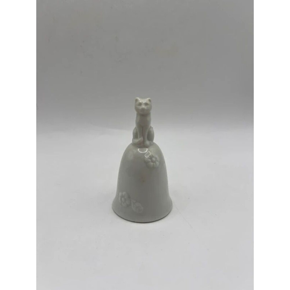 Vintage White Porcelain Bell With Cat Sitting On Top Flowers 4" Tall
